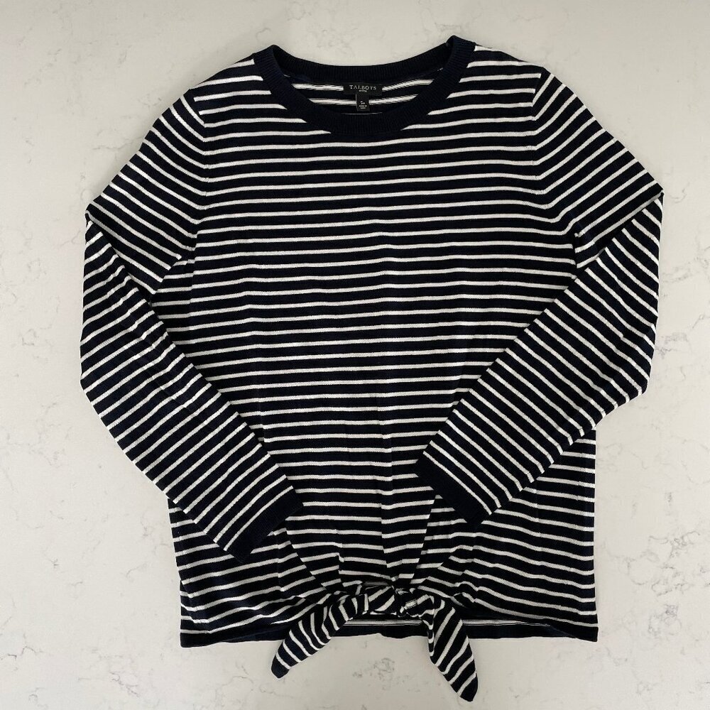 Talbots Petites LS Tie Detail Crew Nk Striped Cotton Tencel Top Navy Wht Sz SP